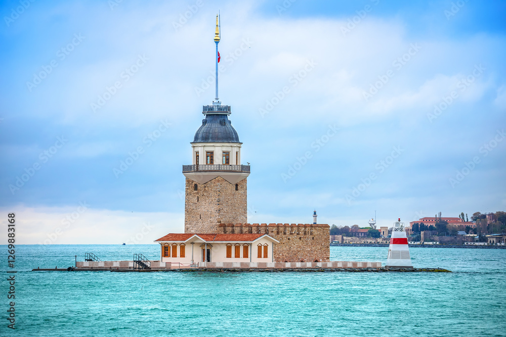 The Maiden Tower or Kız Kulesi small islet at the southern entrance of the Bosphorus strait in Istanbul,