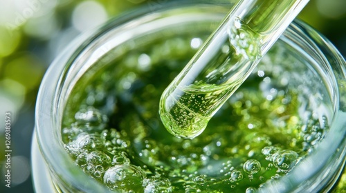 Green algae extract in a cosmetic jar with a pipette for skincare concept