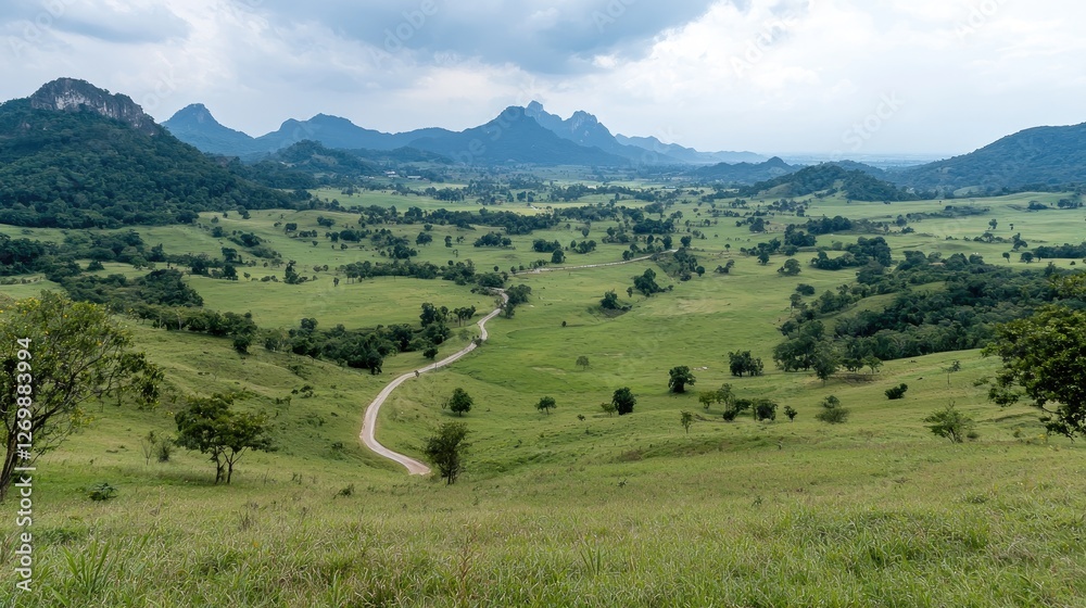 Fototapeta premium Winding dirt road runs through a lush green valley surrounded by rolling hills and distant mountains under a cloudy sky.