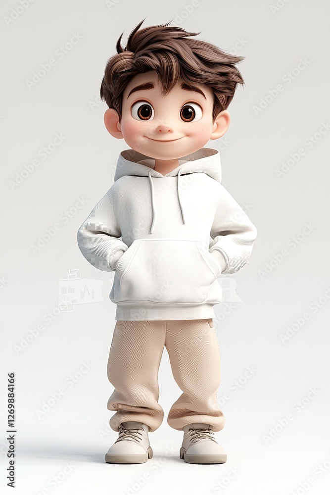 Cute 3D Cartoon Boy Character in White Hoodie and Beige Joggers – High-Resolution Digital Illustration for Animation, Branding, Gaming Avatars, and Social Media Content Cute 3D Cartoon Boy Character in White Hoodie and Beige Joggers – High-Resolution Digital Illustration for Animation, Branding, Gaming Avatars, and Social Media Content