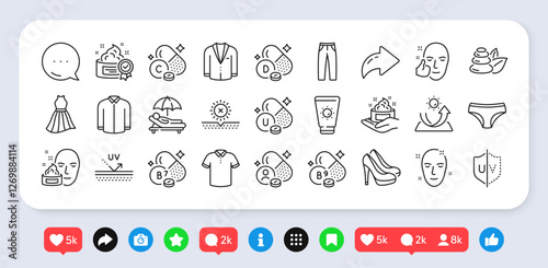 Health skin, Pants and Uv protection line icons pack. Social media: share, comment, like icons. Folate vitamin, Cream, Sunscreen web icon. Biotin vitamin, Shoes, Suit pictogram. Vector