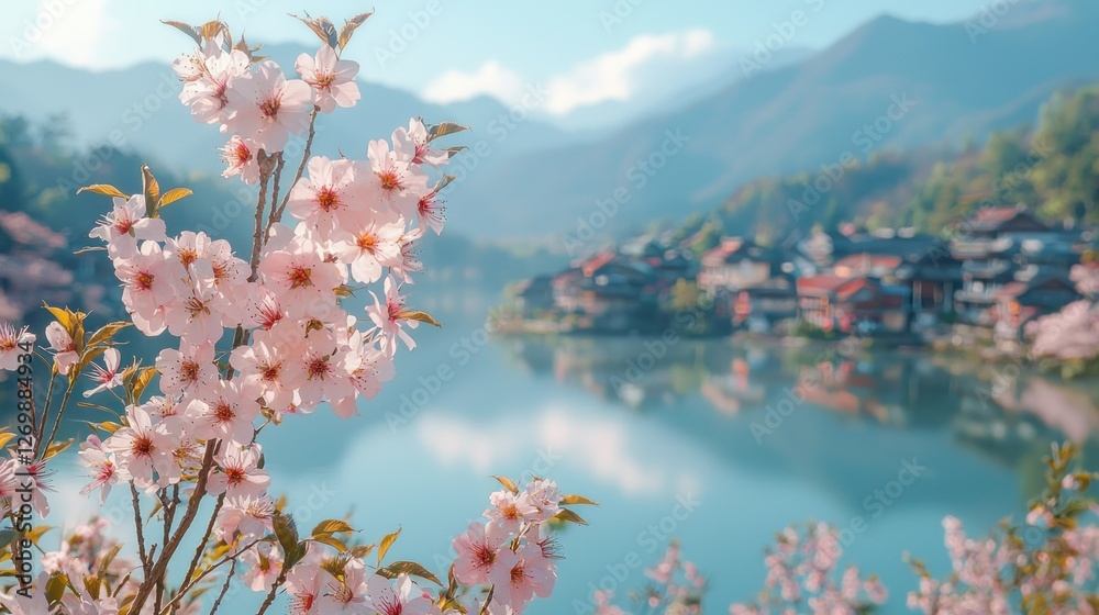 Spring blossoms reflect in tranquil lake, mountain village backdrop, scenic postcard Spring blossoms reflect in tranquil lake, mountain village backdrop, scenic postcard