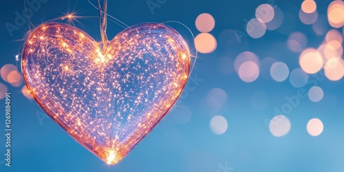Illuminated Heart Shaped Light Display Against Blue Background