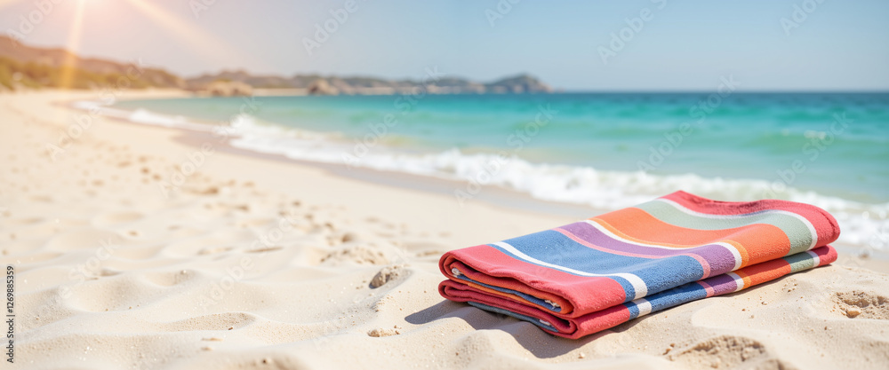 Beach towel resting on the warm sand under the bright sun, evoking a cheerful and relaxing atmosphere, representing a perfect day for relaxation by the seaside Beach towel resting on the warm sand under the bright sun, evoking a cheerful and relaxing atmosphere, representing a perfect day for relaxation by the seaside