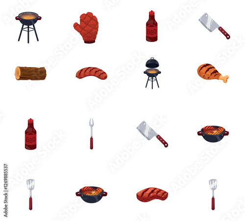 BBQ grill vector icon set with white background