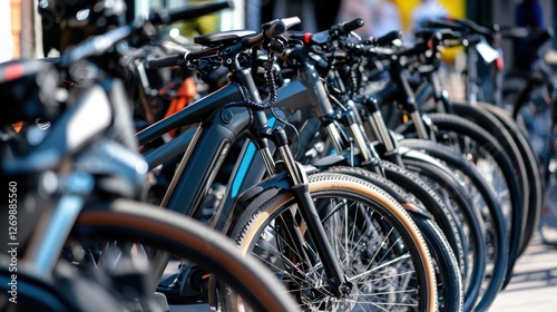 Row of modern electric bikes displayed for sale in a bicycle shop