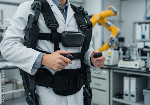 Man wearing industrial exoskeleton in laboratory with robotic arm. Assistive technology for enhanced strength and productivity in manufacturing and research