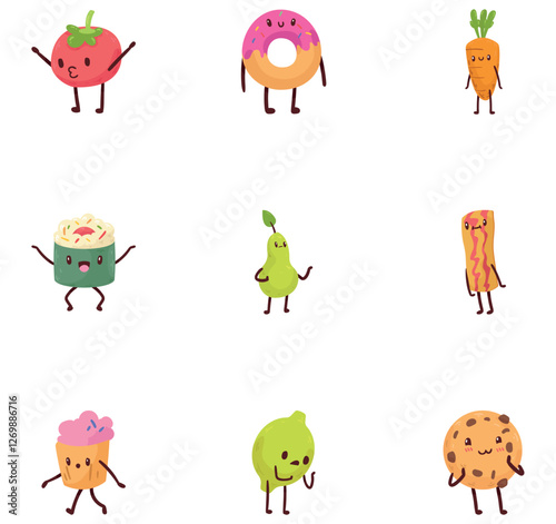 Set of kawaii style fruit vector icons on white background