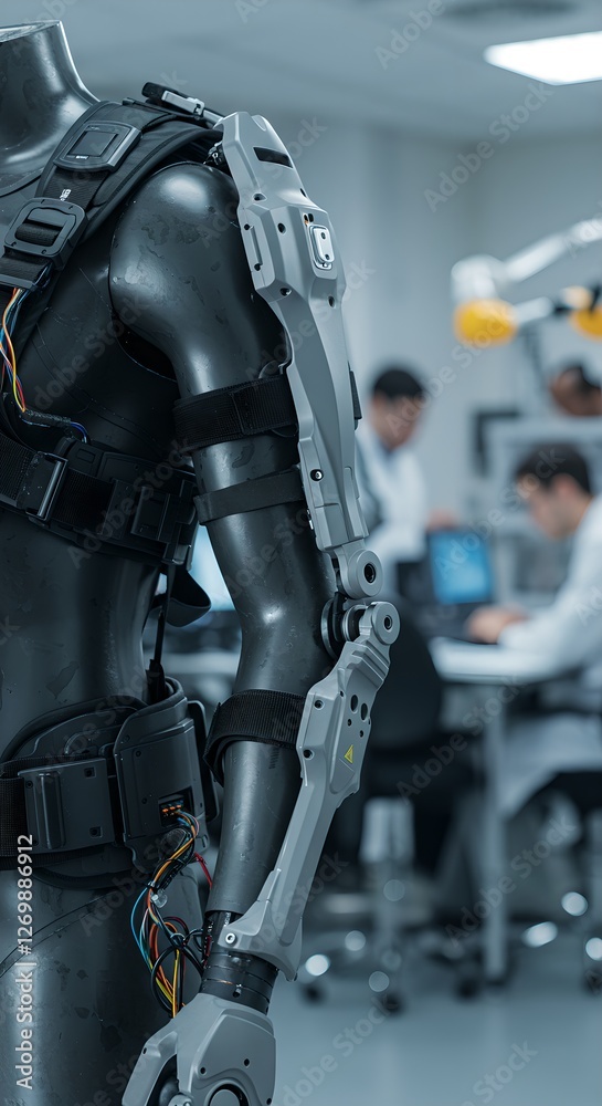 Futuristic exoskeleton arm in research lab. Advanced robotic prosthetic limb. Biomedical engineering, assistive technology for mobility and strength enhancement Futuristic exoskeleton arm in research lab. Advanced robotic prosthetic limb. Biomedical engineering, assistive technology for mobility and strength enhancement