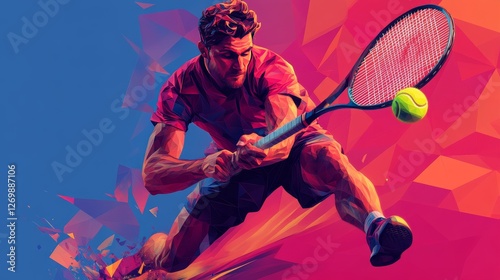 Dynamic Tennis Player Reaching for a Ball in an Abstract and Colorful Background Captured During an Intense Match at a Sporting Event