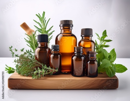 immunity booster bottles with fresh herbs for natural health and wellness on white background amber glass bottles containing immunity boosting oils on wooden board fresh herbs and plants