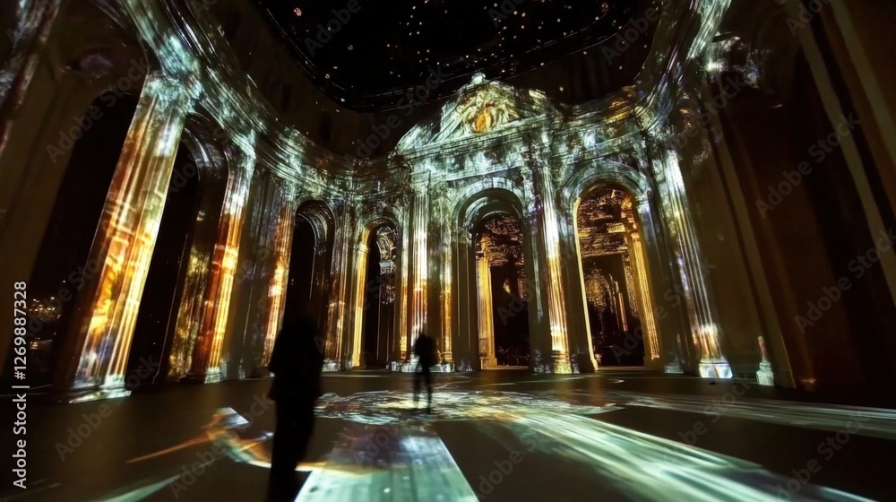 Obraz premium Discover the enchanting vibrancy of light projections showcased in a historic setting