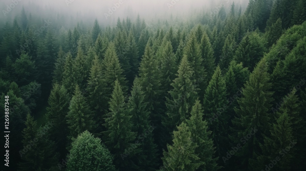 Lush Green Forest Landscape with Dense Pine Trees and Misty Background at Dawn