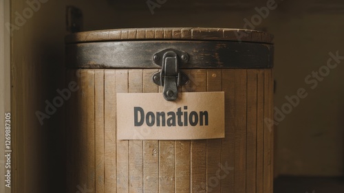 A barrel shaped wooden container is labeled as donation photo