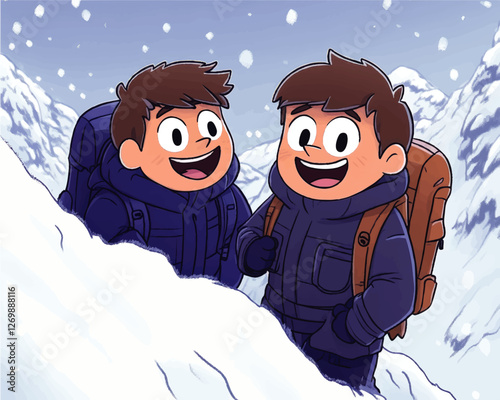 Joyful Cartoon Kids Hiking Adventure in Snowy Mountains with Backpacks - Winter Outdoor Fun, Kids in Warm Clothing, Scenic Snowy Peaks, Smiling Exploration