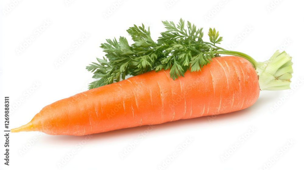 A fresh carrot with its leafy greens still attached, isolated in a cutout style against a white background A fresh carrot with its leafy greens still attached, isolated in a cutout style against a white background