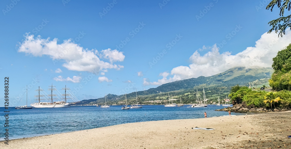 View of the beach and moored yachts in Martinique in the Caribbean Islands, near Saint Pierre View of the beach and moored yachts in Martinique in the Caribbean Islands, near Saint Pierre