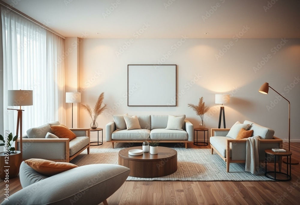 Cozy living room interior with modern furniture and warm lighting Cozy living room interior with modern furniture and warm lighting