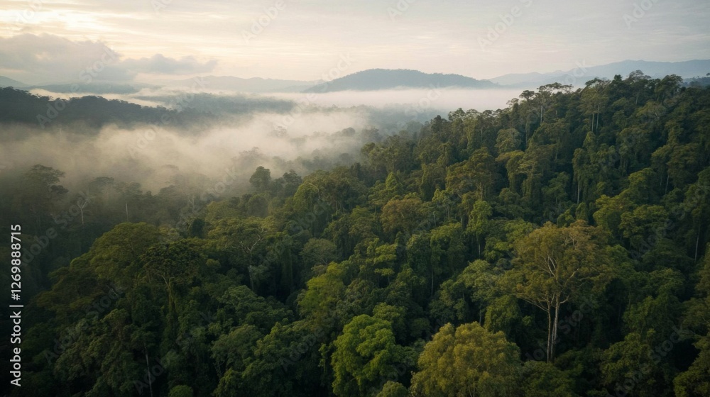 Obraz premium Lush Green Rainforest Landscape with Misty Mountains in the Background During Sunrise