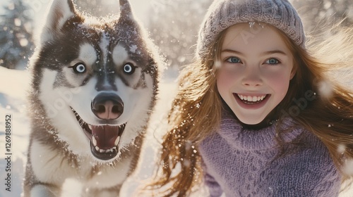 Smiling Girl With a Husky Dog Enjoying a Snowy Day in a Winter Wonderland