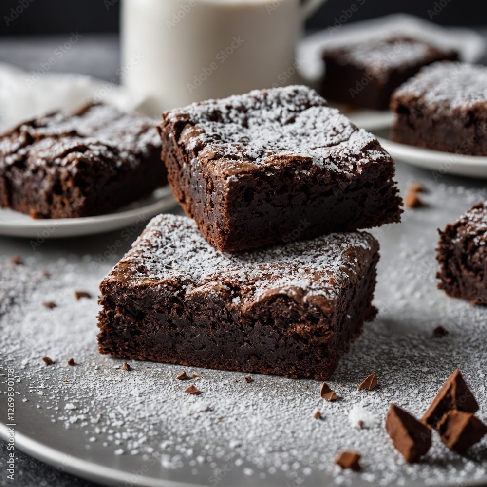Decadent brownies with powdered sugar cozy kitchen table treats for sweet tooth satisfaction Pieces of chocolate cake on a white plate and a red and white checkered napkin. Dessert, Milk and Chocolate Decadent brownies with powdered sugar cozy kitchen table treats for sweet tooth satisfaction Pieces of chocolate cake on a white plate and a red and white checkered napkin. Dessert, Milk and Chocolate