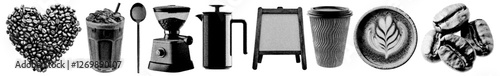 Set of coffee shop halftone grunge vector design elements