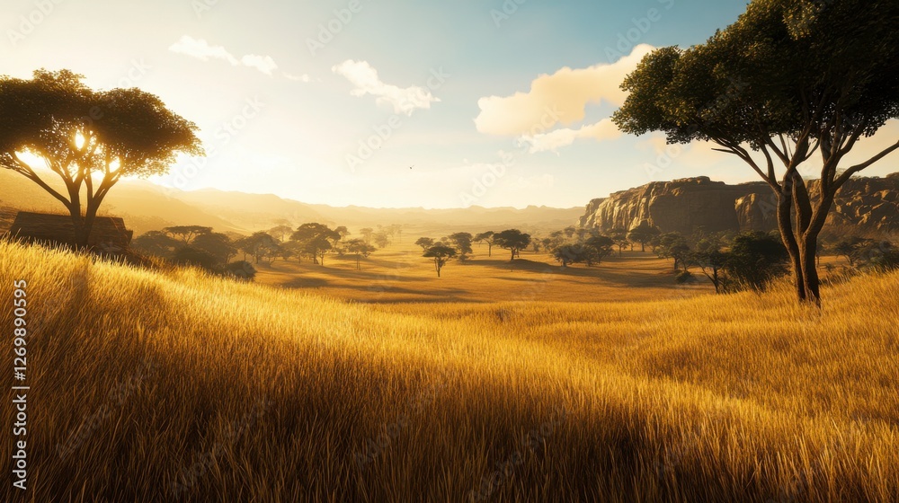 Fototapeta premium Stunning African Savanna Sunrise Landscape: A Golden Expanse of Nature's Majesty