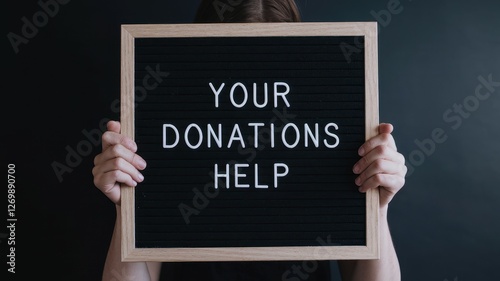 Person holding a sign encouraging donations for a cause