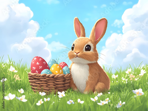 Cute Easter Bunny Vector Illustration Showcasing a Playful Rabbit Surrounded by Colorful Eggs and Vibrant Flowers on a Bright White Background