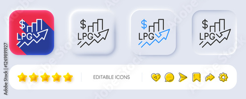 Rise price line icon. Neumorphic, Flat shadow, 3d buttons. LPG excise duty sign. Gas tax rate symbol. Line rise price icon. Social media icons. Vector