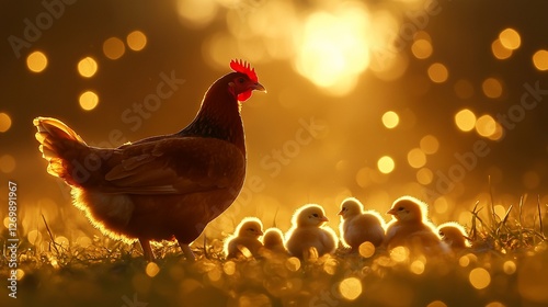 Hen protecting her chicks at sunset.