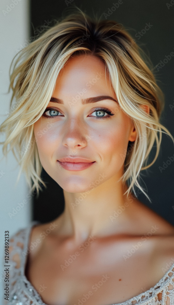 Fototapeta premium Close-up portrait of a young blonde woman with short wavy hair, blue eyes, and natural makeup.