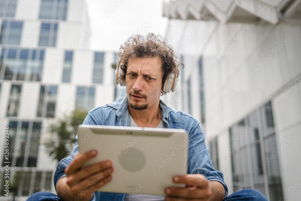 man sit in front of modern building use digital tablet watch movie man sit in front of modern building use digital tablet watch movie