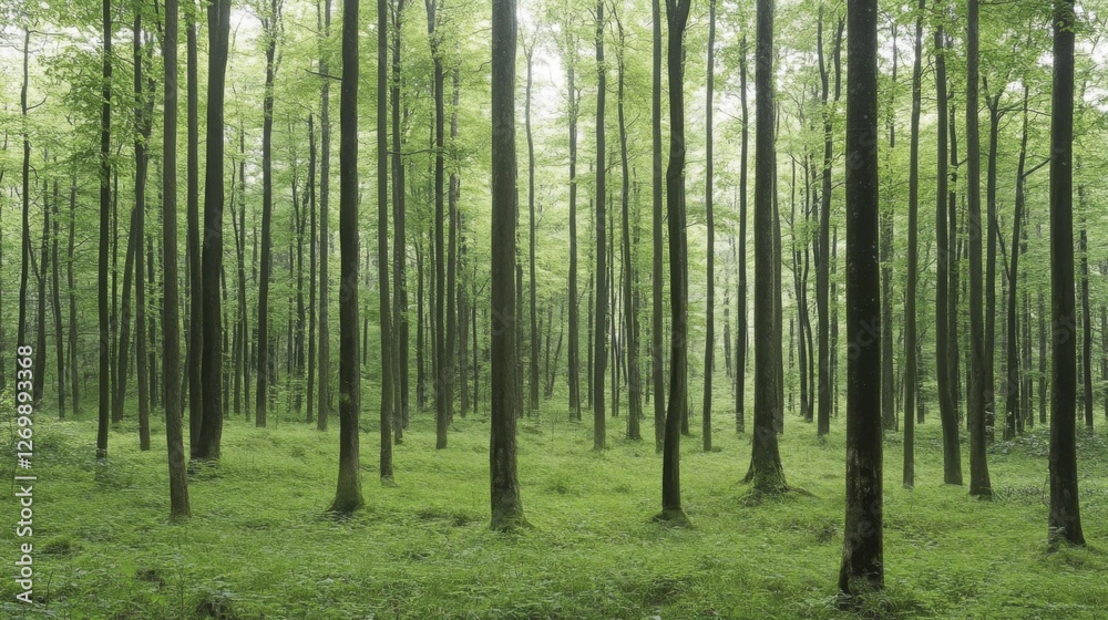 Serene Forest Scene with Tall Green Trees Surrounded by Lush Underbrush and Soft Light Serene Forest Scene with Tall Green Trees Surrounded by Lush Underbrush and Soft Light