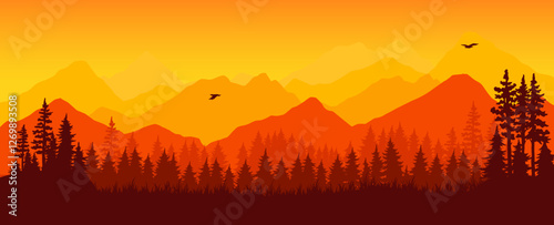 Sunset over mountains and trees in warm colors