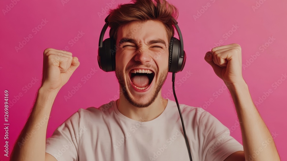 Fototapeta premium Joyful Young Man Enjoying Music with Headphones