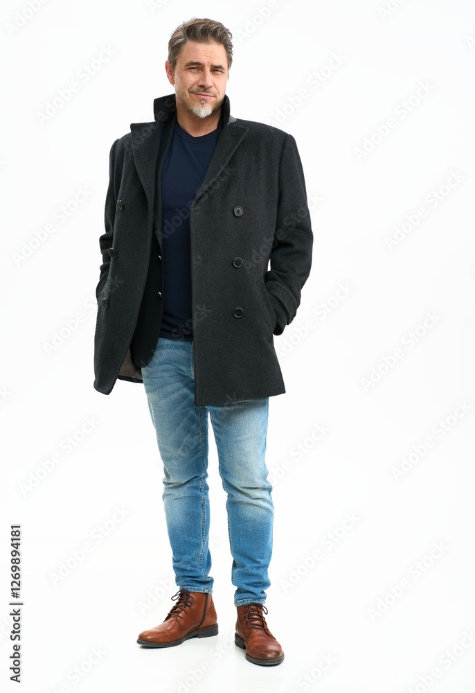 Middle age casual man in coat and jeans. Mid adult, mature age, happy smiling. Full length portrait isolated on white. Middle age casual man in coat and jeans. Mid adult, mature age, happy smiling. Full length portrait isolated on white.