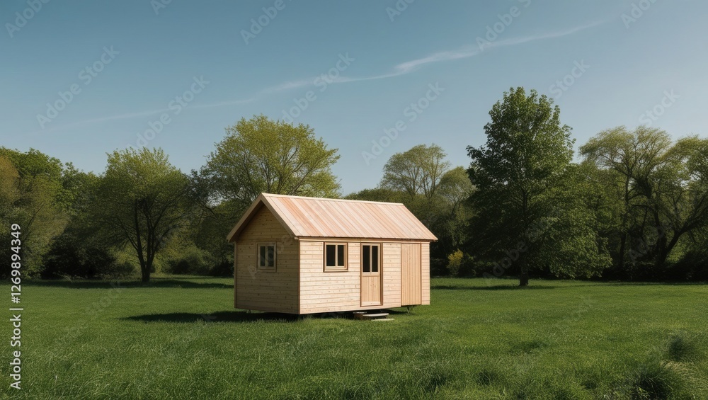 Obraz premium A small, one-roomed wooden cabin in the middle of a grassy field on a sunny day.