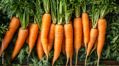 A neatly bundled group of fresh carrots with their leafy green tops intact photo