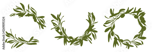 Olive tree leaves frame, vector olive silhouette, round foliated wreath with olive branch, circle frame for wedding design, logo, menu, 