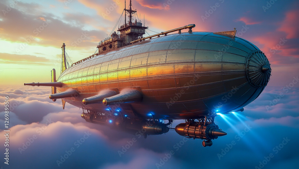 Obraz premium A massive airship with brass plating, enormous propellers, and glowing pipes, cruising through the clouds at sunset