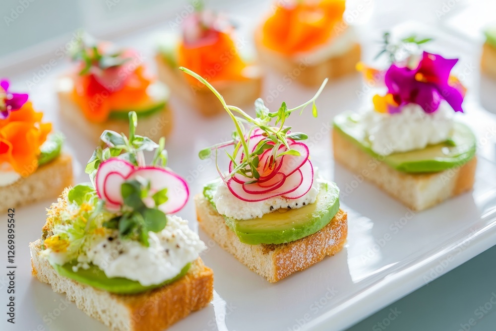 An artistic display of colorful toasts featuring avocado roses, radish slices, ricotta, honey, and edible flowers arranged elegantly on a white plate, enhanced by natural light An artistic display of colorful toasts featuring avocado roses, radish slices, ricotta, honey, and edible flowers arranged elegantly on a white plate, enhanced by natural light