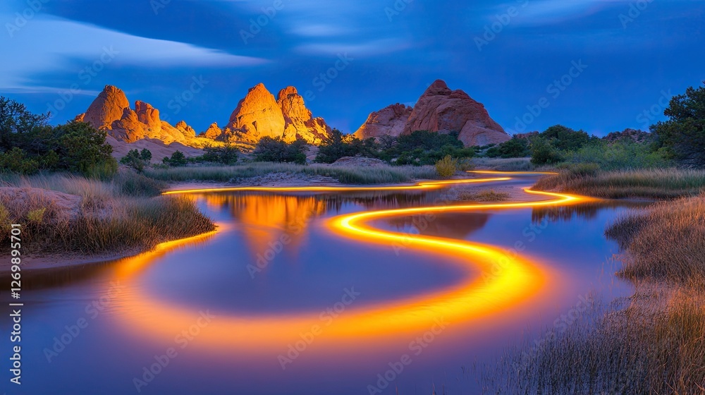 Naklejka premium Illuminated River Winding Through Desert Landscape With Mountains