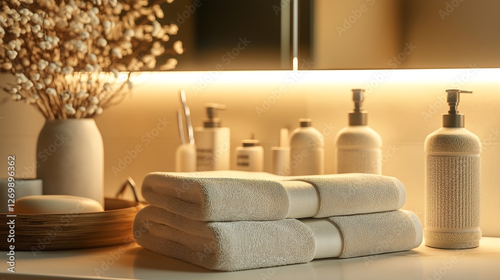 A hotel-style bathroom with soft towels, elegant toiletries, and a large illuminated mirror. A hotel-style bathroom with soft towels, elegant toiletries, and a large illuminated mirror.