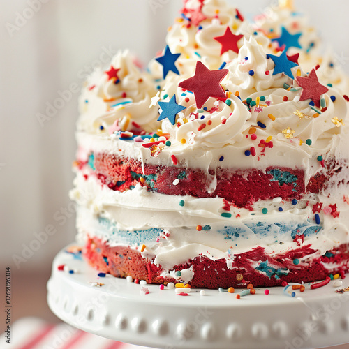 A large cake with white frosting is the primary focus, occupying most of the frame on a high white cake stand. The cake features decorative elements in red, white, and blue, including icing and star-s photo