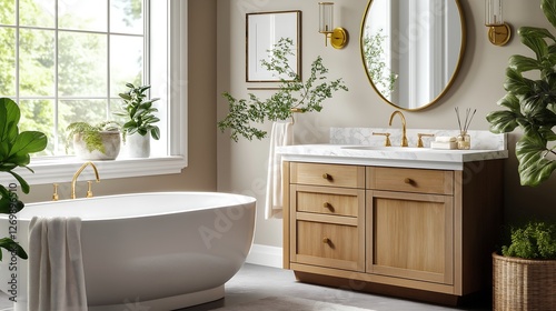 A luxury bathroom with a marble vanity, gold fixtures, and a freestanding soaking tub.