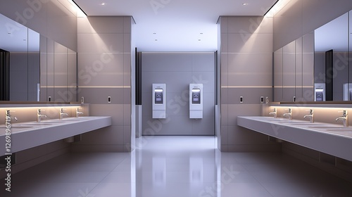 A modern public restroom with touch-free sinks, automatic soap dispensers, and sleek design.