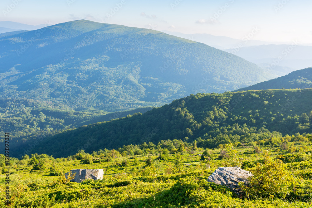rolling landscape with stones on the grassy slope. sunny morning. beautiful alpine scenery of carpathian mountain smooth in summer. clouds on the bright blue sky. scenic view in to the distant valley