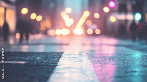 City street at night, wet pavement, blurred people, urban scene, night view, background, pedestrian, possible use as stock photo photo