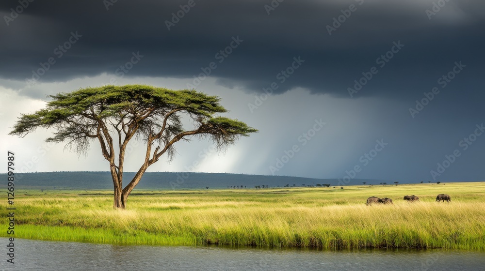 African Savanna Landscape Under a Stormy Sky. A Breathtaking View of the African Plains African Savanna Landscape Under a Stormy Sky. A Breathtaking View of the African Plains